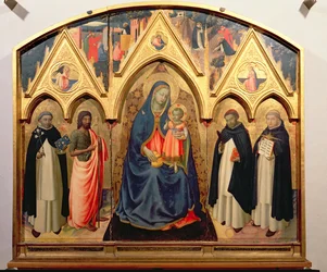 Die Jungfrau und das Kind mit St. Johannes dem Täufer, St. Dominikus, St. Peter dem Märtyrer und St. Thomas von Aquin (Tempera auf Tafel)